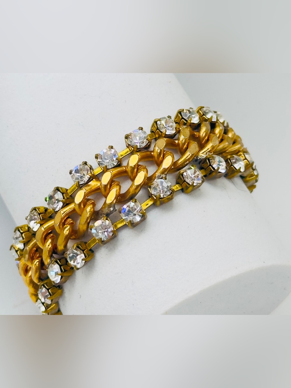 Vintage Gold Tone Link Chain Bracelet Rhinestone Heavy Statement